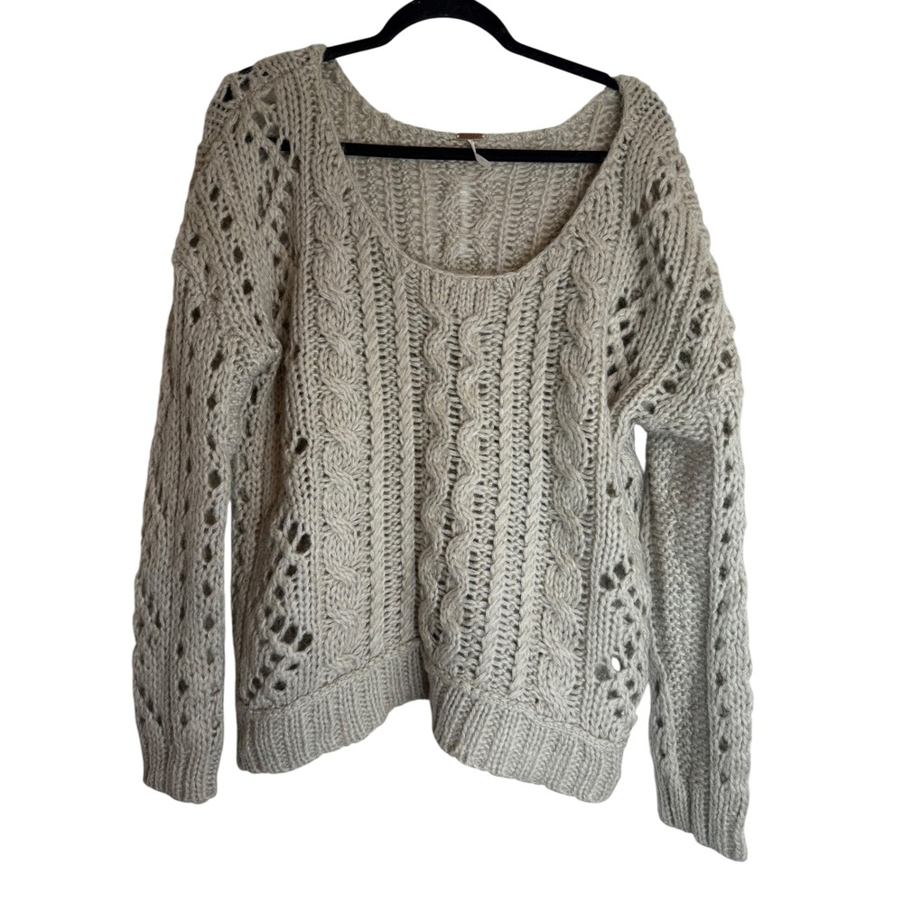 Free People Oatmeal Beige Cable Knit Mohair Wool Blend Scoop Neck Sweater Large